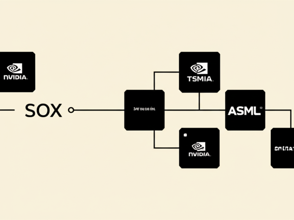 半導體公司如NVIDIA、TSMC、ASML標誌連接的供應鏈圖示，展示SOX指數成分股的集體實力