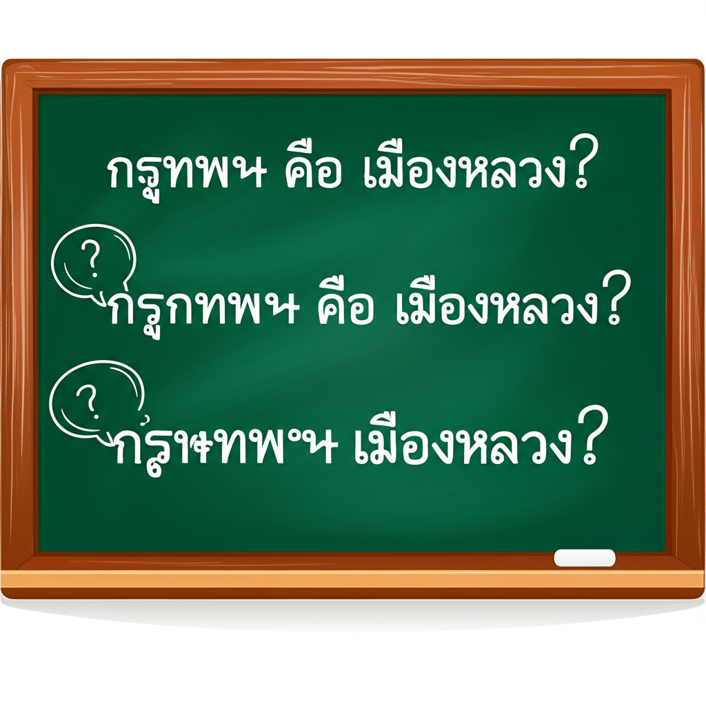 ภาพประกอบกระดานดำที่มีตัวอย่างประโยคไทยใช้ 'คือ' สำหรับนิยาม เช่น กรุงเทพคือเมืองหลวง และสำหรับการเน้นย้ำ พร้อมเครื่องหมายคำถามและฟองอากาศคำตอบ