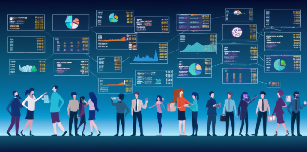 ภาพประกอบตลาดที่เป็นระเบียบ หน้าจอดิจิทัลแสดงราคาหุ้นและหลักทรัพย์ที่แลกเปลี่ยนระหว่างผู้คน แทนการไหลเวียนทุนและสภาพคล่อง