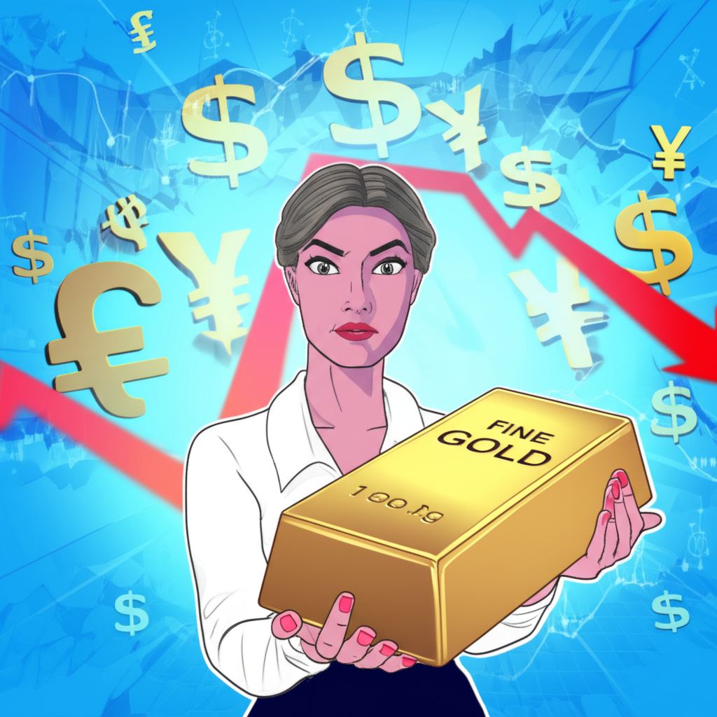 illustration of a person confidently holding a gold bar amidst a volatile global economy and inflation