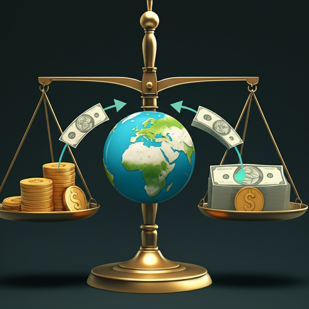 ภาพประกอบดุลการค้าโลกที่แสดงการส่งออกและนำเข้าพร้อมกระแสเงินระหว่างประเทศ