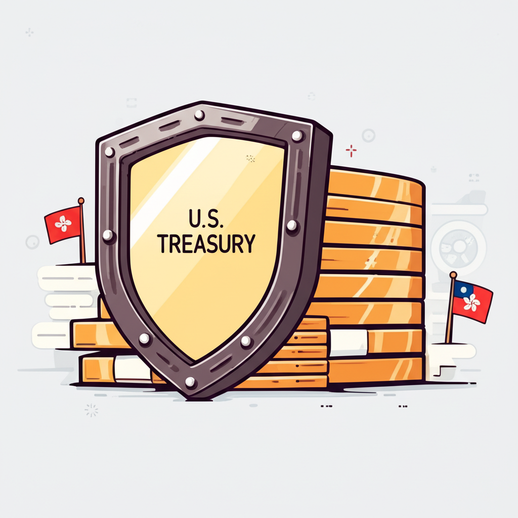 美債投資組合保護資產免受市場波動的插圖，盾牌象徵台灣與香港投資者的安全與穩定
