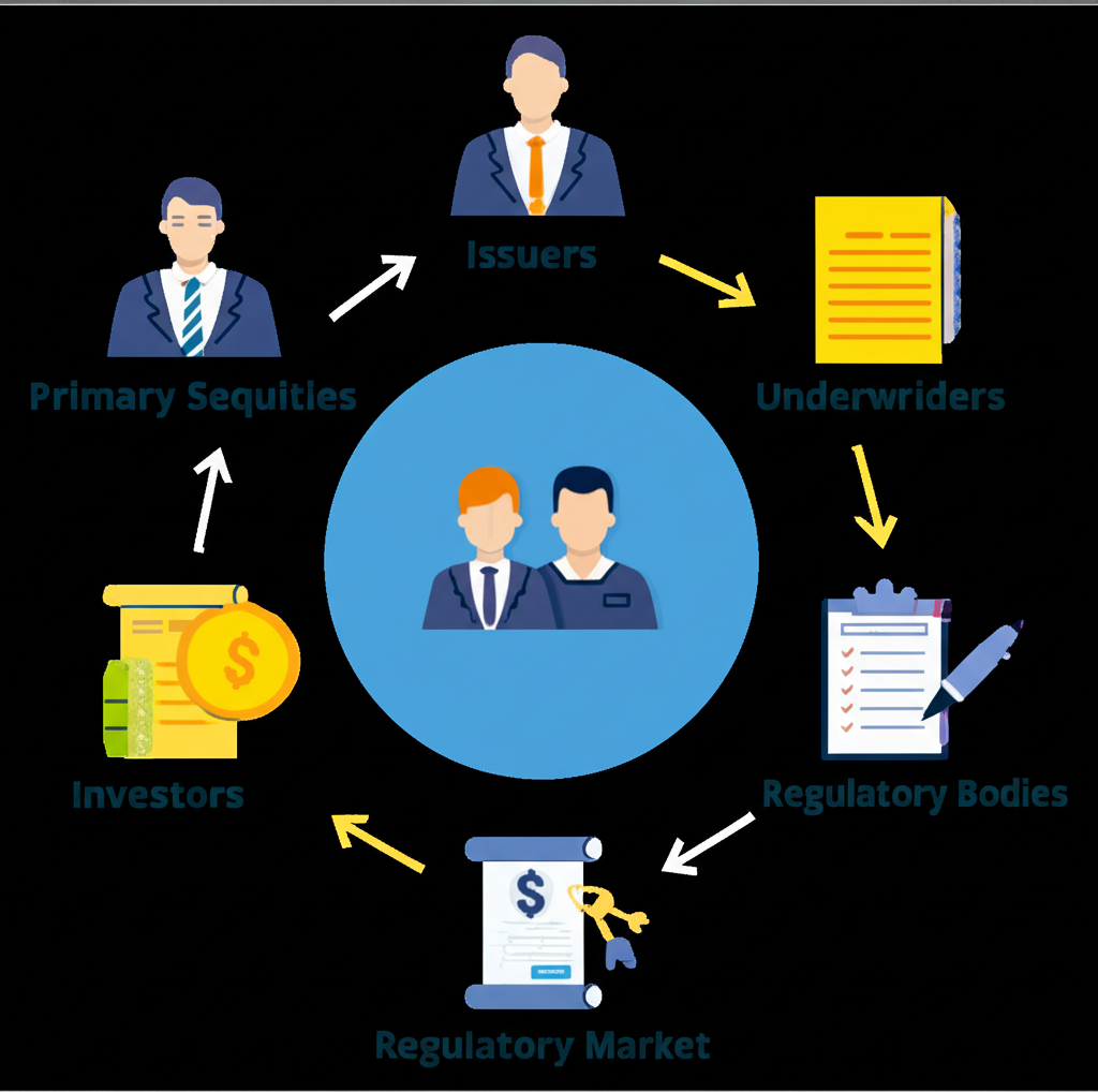 ภาพประกอบผู้เล่นหลักในตลาดแรก ได้แก่ ผู้ออกหลักทรัพย์ นักลงทุน ผู้จัดจำหน่าย และหน่วยงานกำกับดูแลที่ทำงานร่วมกัน