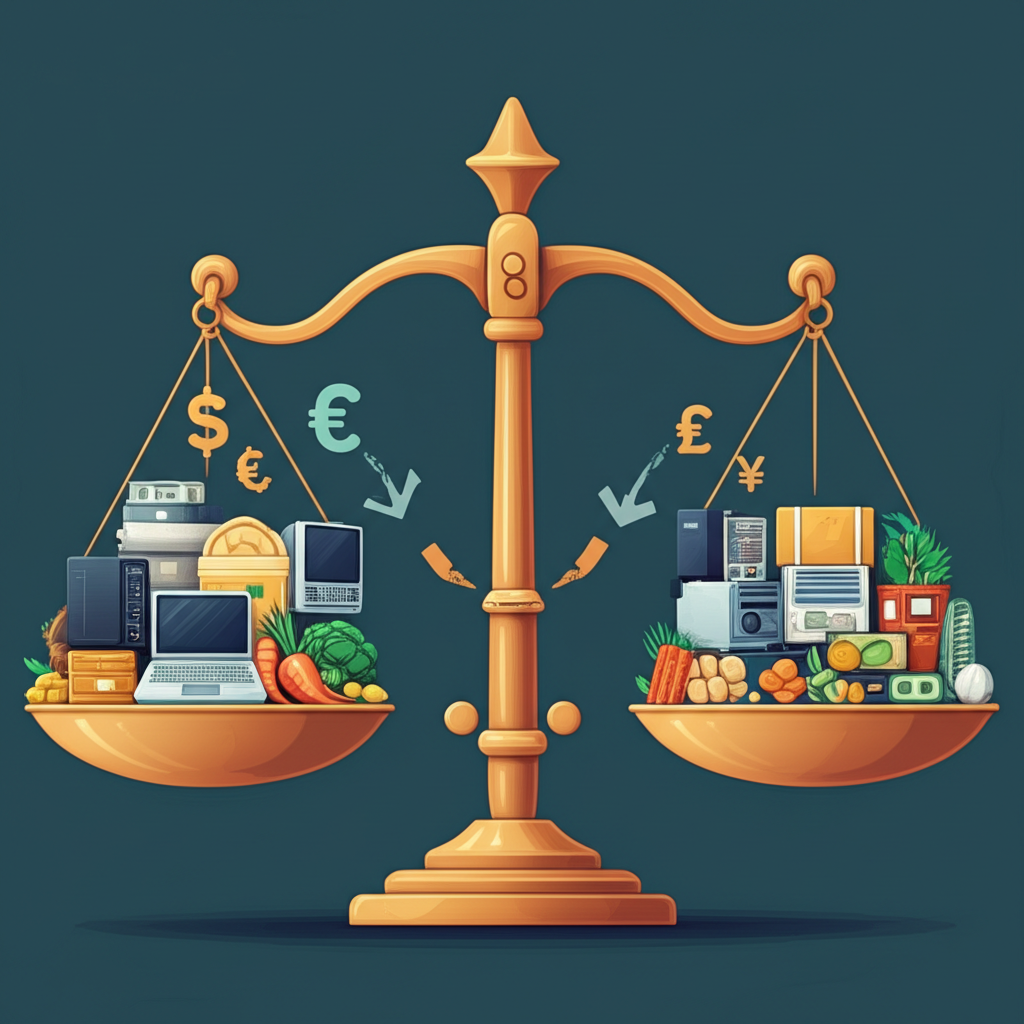 ภาพตาชั่งที่แสดงการส่งออกหนักกว่าการนำเข้า พร้อมสัญลักษณ์เงินตราต่างประเทศไหลเข้าประเทศ