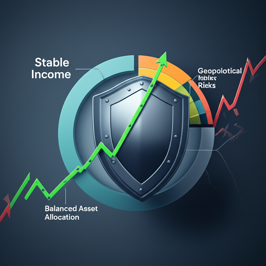 An illustration showing a stable income graph a balanced asset allocation with a shield protecting against market volatility and geopolitical risks symbolizing a safe haven illustration style