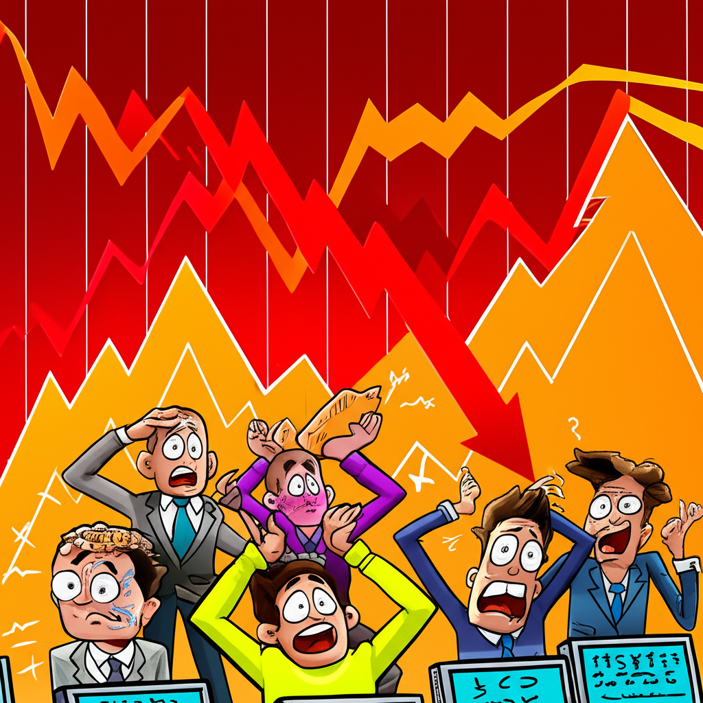 加密貨幣市場混亂圖示，顯示下跌圖表和擔憂交易者