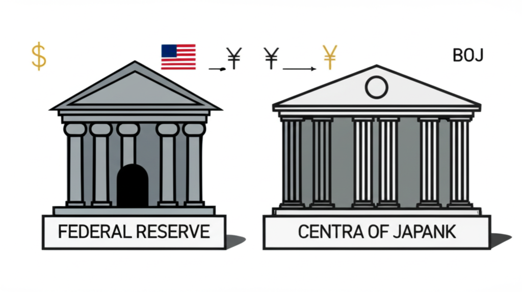 Fed and BoJ central banks with interest rate symbols and currency movements
