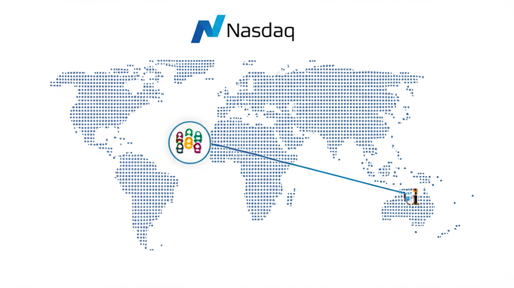 ภาพประกอบตลาดหุ้นโลกพร้อมโลโก้ Nasdaq เชื่อมต่อกับแผนที่ประเทศไทยและนักลงทุน