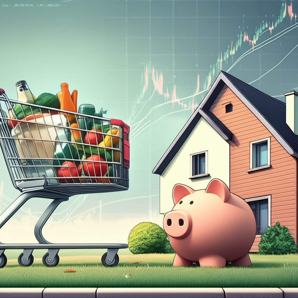 ภาพประกอบสิ่งของประจำวันเช่นรถเข็นช้อปปิ้ง บ้าน และกองทุนเกษียณ เชื่อมโยงด้วยเส้นบางๆ ไปยังกราฟตลาดหุ้น สื่ออิทธิพลที่ซ่อนเร้นในชีวิต