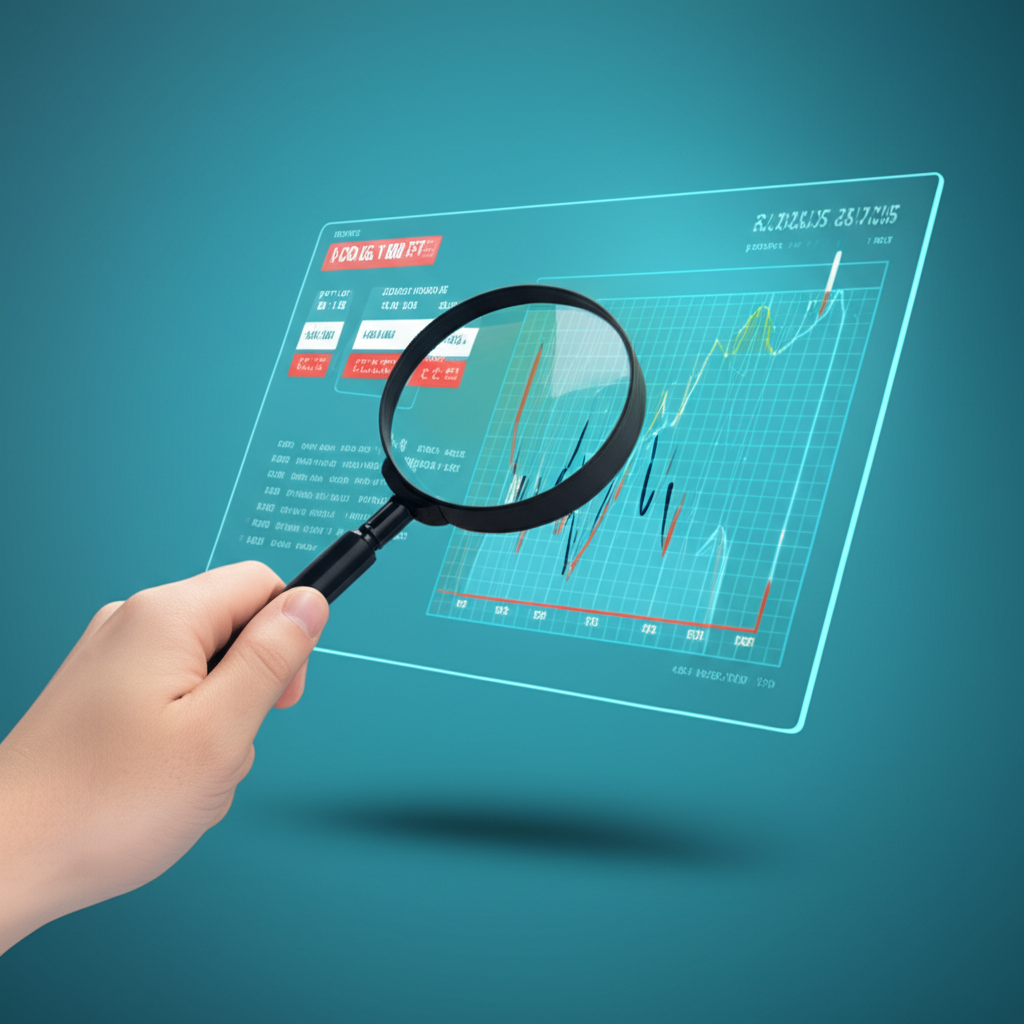 An illustration of a transparent stock market screen displaying real time ETF prices with a low cost fee structure and a hand holding a magnifying glass symbolizing clarity and accessibility illustration style
