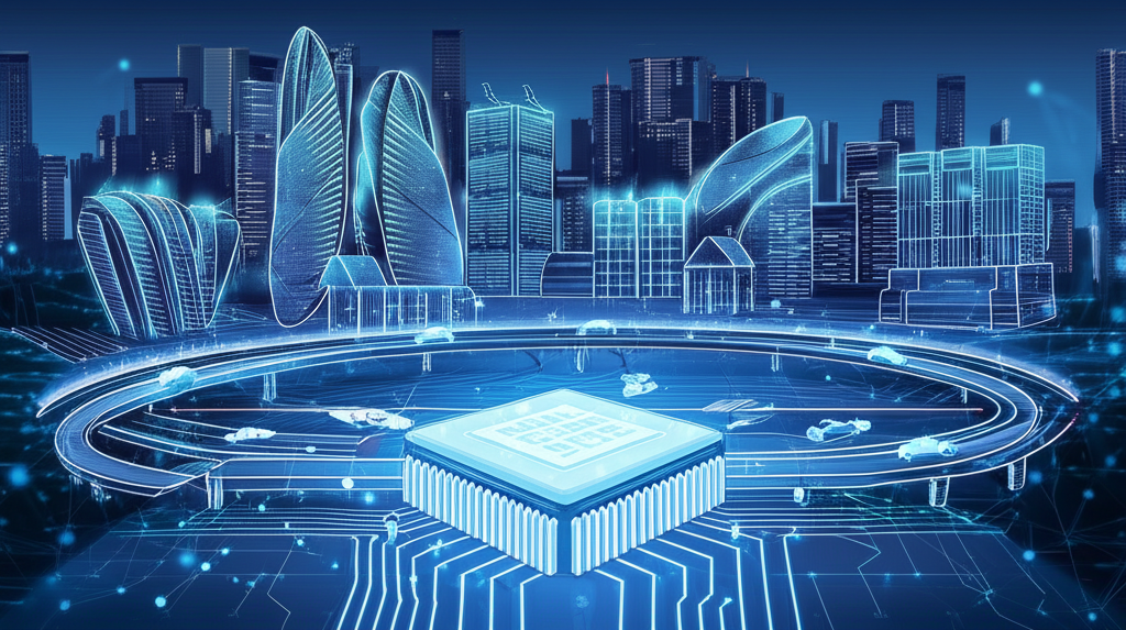 未來城市景觀包含自動駕駛車、智能家居與資料中心，由發光半導體晶片驅動的圖示，象徵產業對全球經濟成長的關鍵貢獻