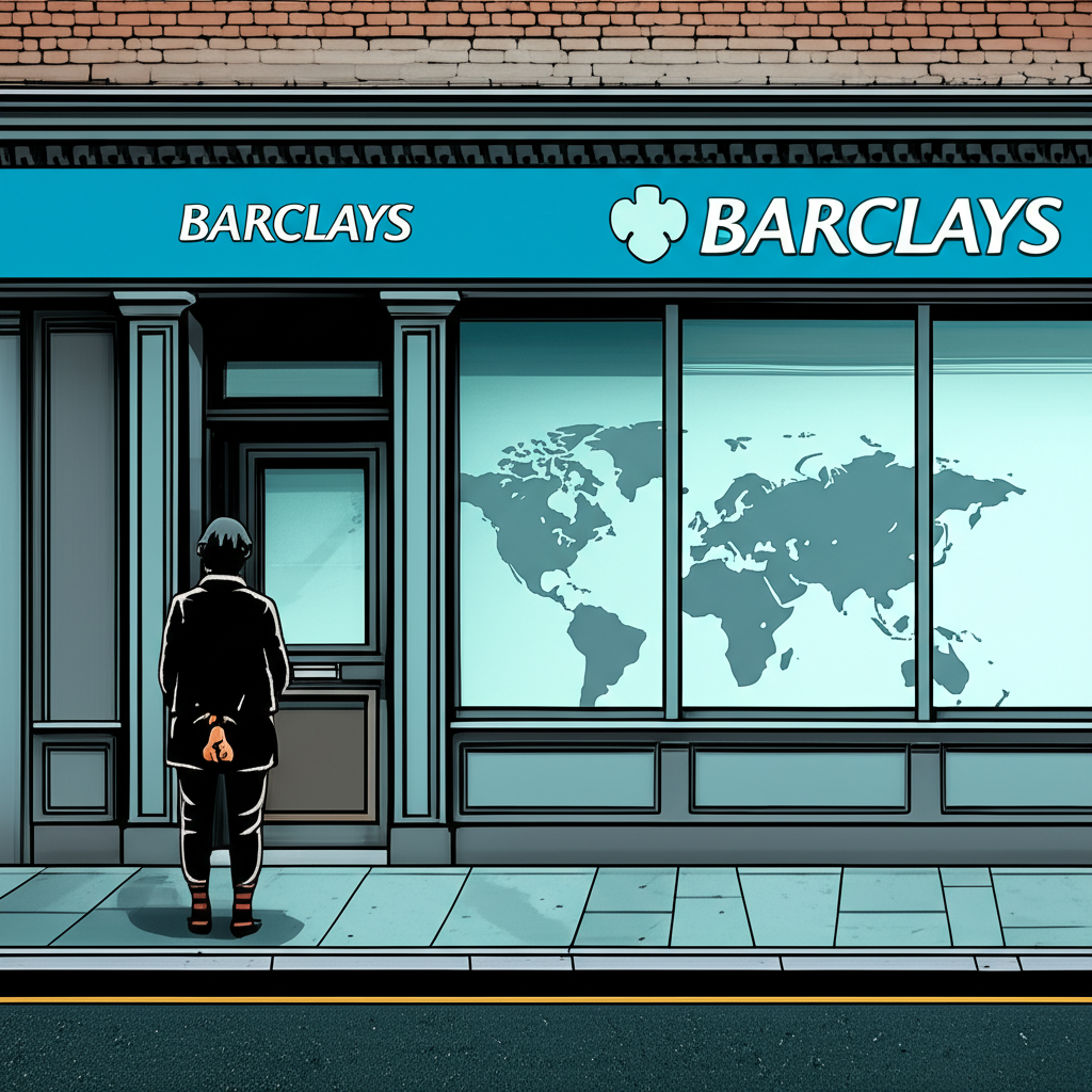 ภาพประกอบบุคคลยืนหน้าสาขา Barclays ที่ปิดแล้ว พร้อมแผนที่โลกสื่อถึงการลงทุนนานาชาติ