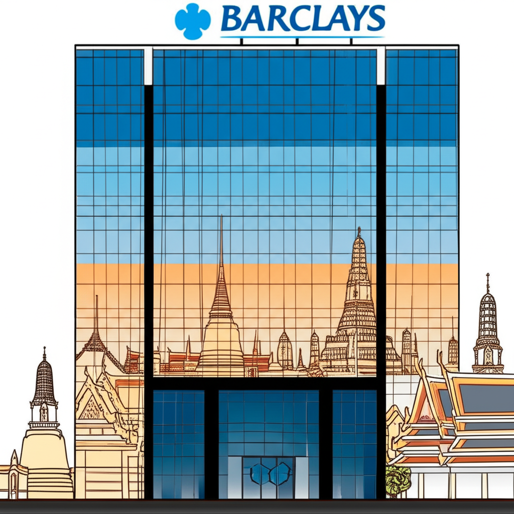 ภาพประกอบตึก Barclays Bank กับสถานที่สำคัญของไทยในพื้นหลัง สะท้อนประวัติศาสตร์ในประเทศไทย