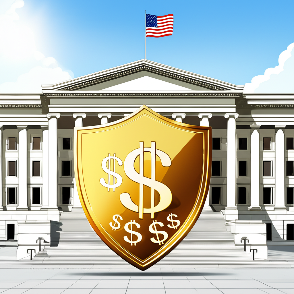 美國財政部大樓插圖，金色盾牌象徵最高信用評級，美元符號代表政府資金安全的債務工具