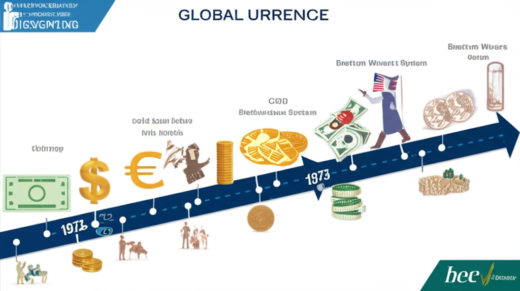 ภาพประกอบไทม์ไลน์แสดงวิวัฒนาการสกุลเงินโลกและการก่อตั้งดอลลาร์ Index ในปี 1973