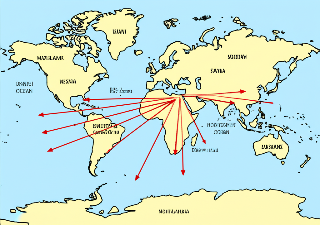 แผนที่การค้าทั่วโลกแสดงการไหลของสินค้าขาเข้าขาออกจากประเทศไทยที่บ่งบอกถึงเกินดุลการค้า