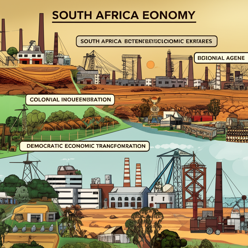 Historical evolution of South Africa's economy from colonial resource extraction and apartheid era industrialization to democratic economic transformation and global integration