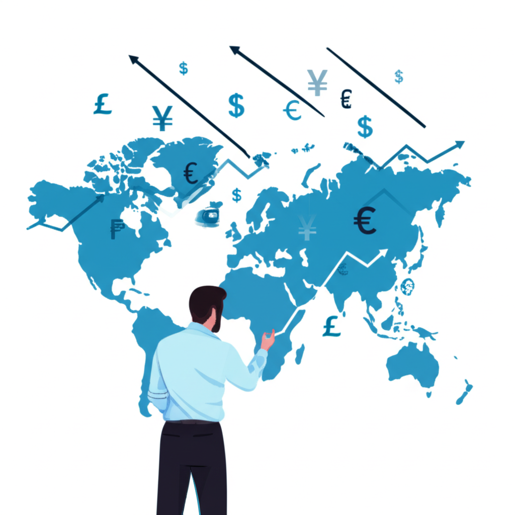 Illustration of person looking at world map with currency symbols and upward graphs representing global forex trading opportunities