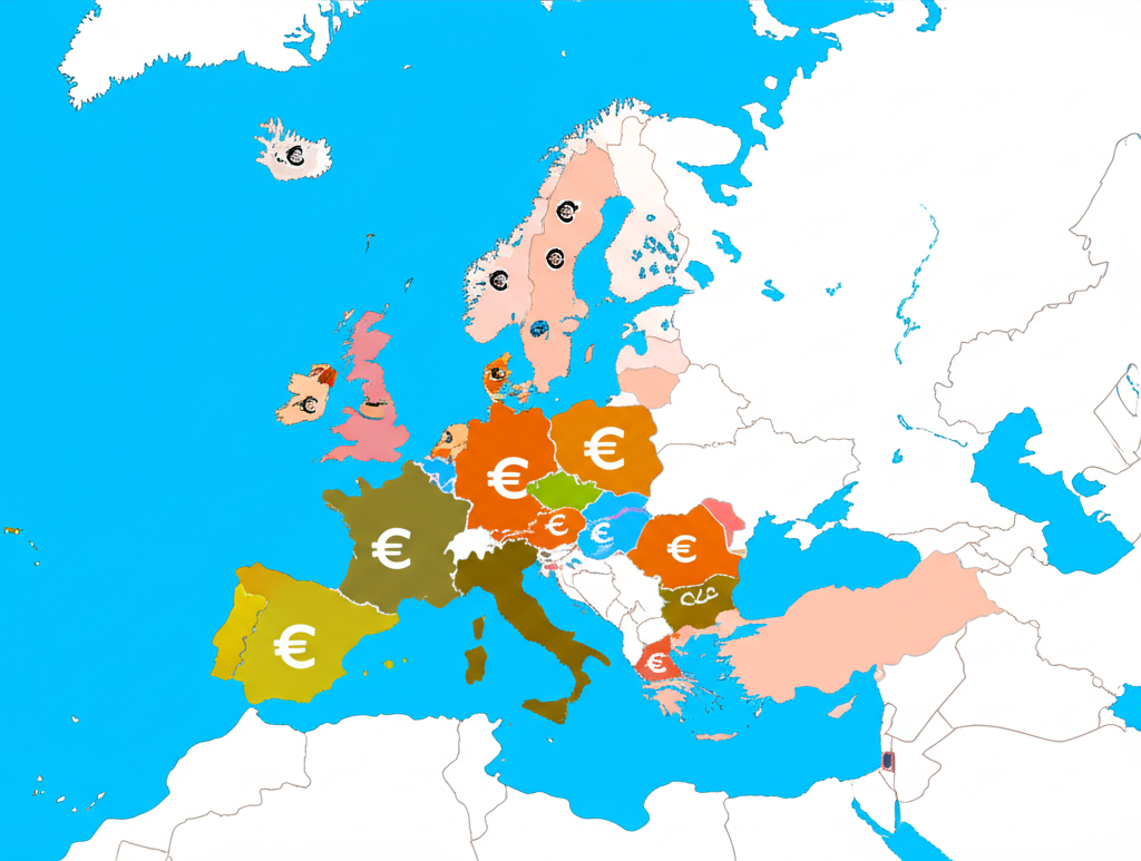 ภาพประกอบแผนที่ยุโรปที่มีสัญลักษณ์ยูโรครอบคลุมอิตาลีและประเทศยูโรโซนอื่นๆ