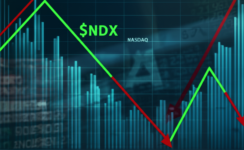 ภาพประกอบกราฟตลาดหุ้นผันผวนพร้อมสัญลักษณ์ Nasdaq ที่ขึ้นลงเคียงข้างดัชนีอื่นๆ