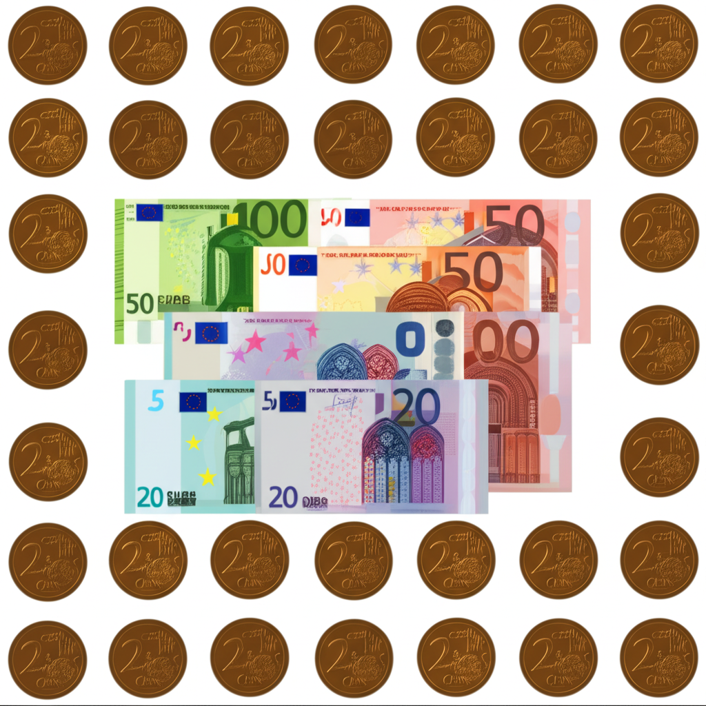 ภาพประกอบธนบัตรและเหรียญยูโรเรียงรายอย่างเป็นระเบียบ แสดงดีไซน์และสีสันที่แตกต่าง