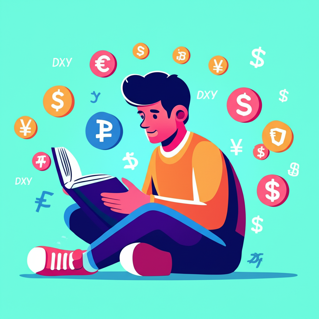 ภาพประกอบบุคคลกำลังอ่านเกี่ยวกับดอลลาร์ Index DXY พร้อมสัญลักษณ์ไทยและไอคอนสกุลเงินโลก