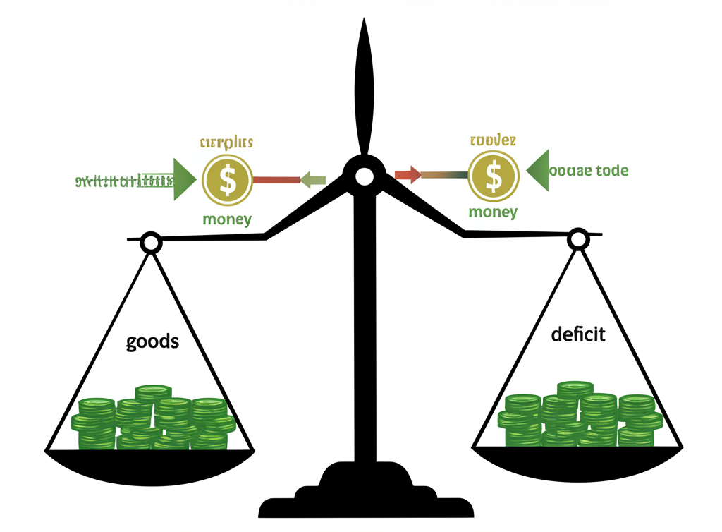 ภาพประกอบสามแบบของดุลการค้าที่แสดงเกินดุล ขาดดุล และสมดุลพร้อมสินค้าและกระแสเงิน