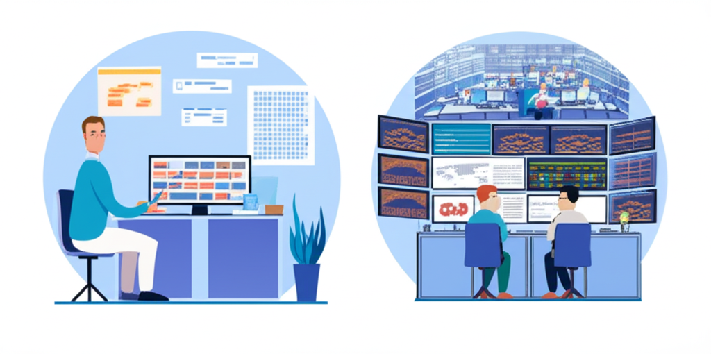 ภาพประกอบเทรดเดอร์สองประเภท: เทรดเดอร์อิสระทำงานจากบ้าน และเทรดเดอร์ในสถาบันในสำนักงานที่พลุกพล่าน