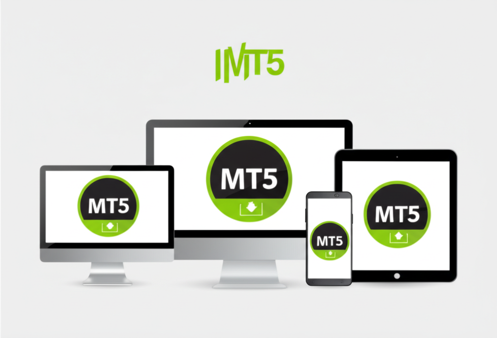 ภาพประกอบของ PC, Mac และอุปกรณ์มือถือพร้อมไอคอนดาวน์โหลด MT5 ที่แสดงความเข้าถึงได้