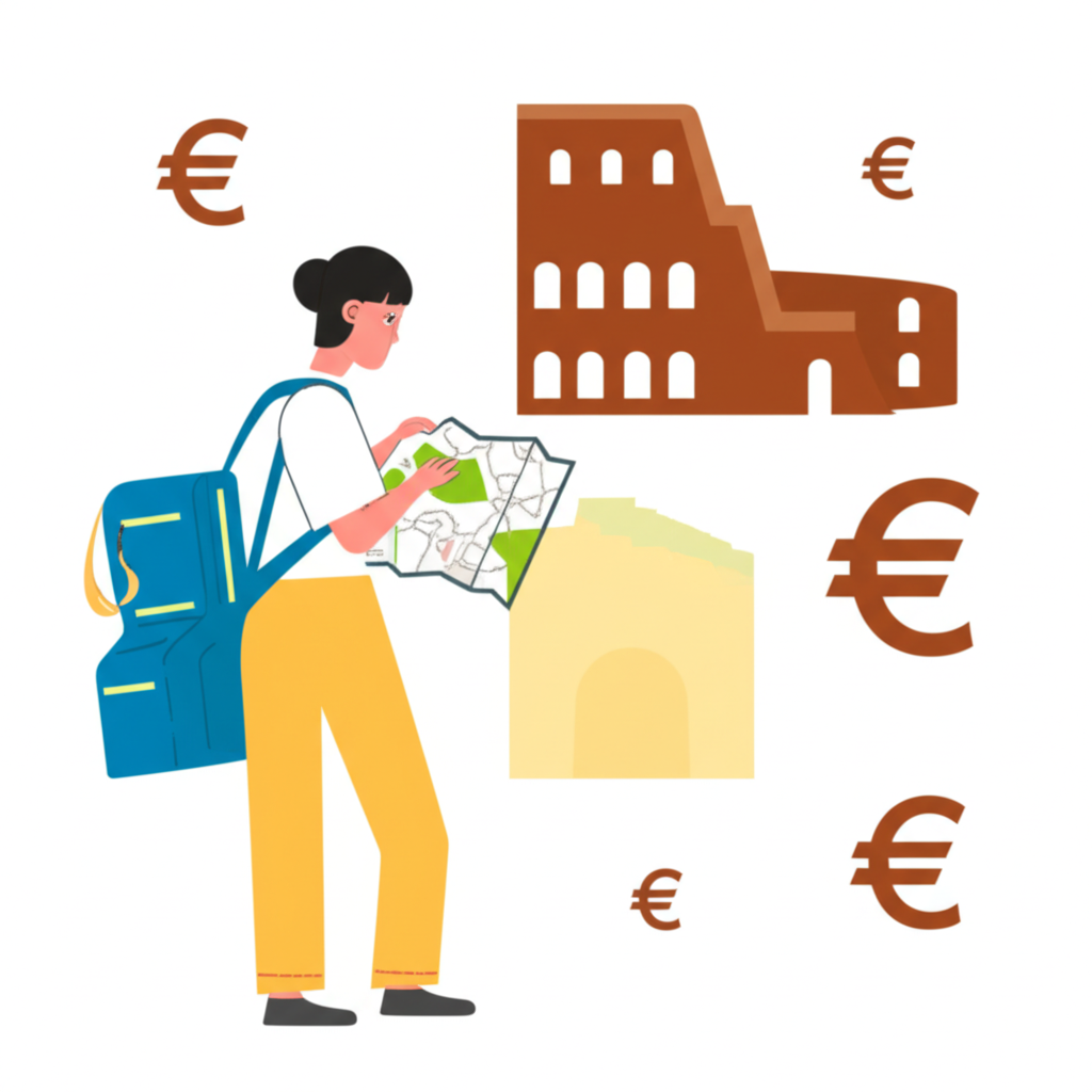 ภาพประกอบนักท่องเที่ยวไทยยืนหน้าคอลอสเซียมในอิตาลีพร้อมแผนที่และสัญลักษณ์ยูโร