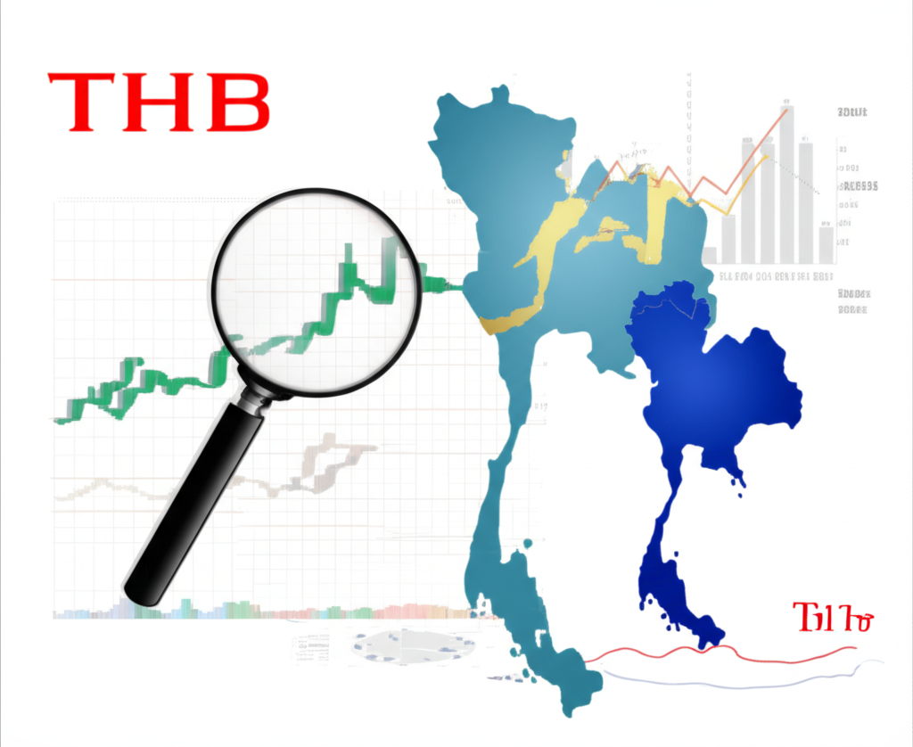 Magnifying glass over USD/JPY currency chart with economic graphs and Thai map