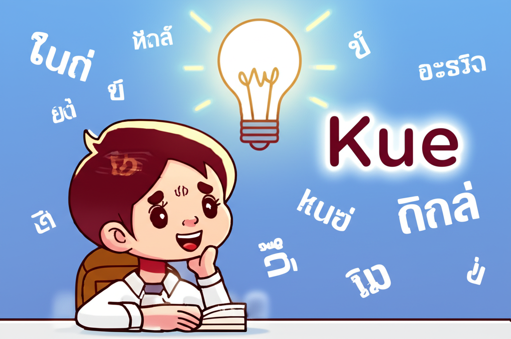 ภาพประกอบนักเรียนกำลังเรียนภาษาไทยพร้อมหลอดไฟส่องสว่างแสดงถึงการเข้าใจคำว่า 'คือ' ซึ่งเป็นแนวคิดหลักในการเรียนภาษา ล้อมรอบด้วยคำไทยลอยตัว