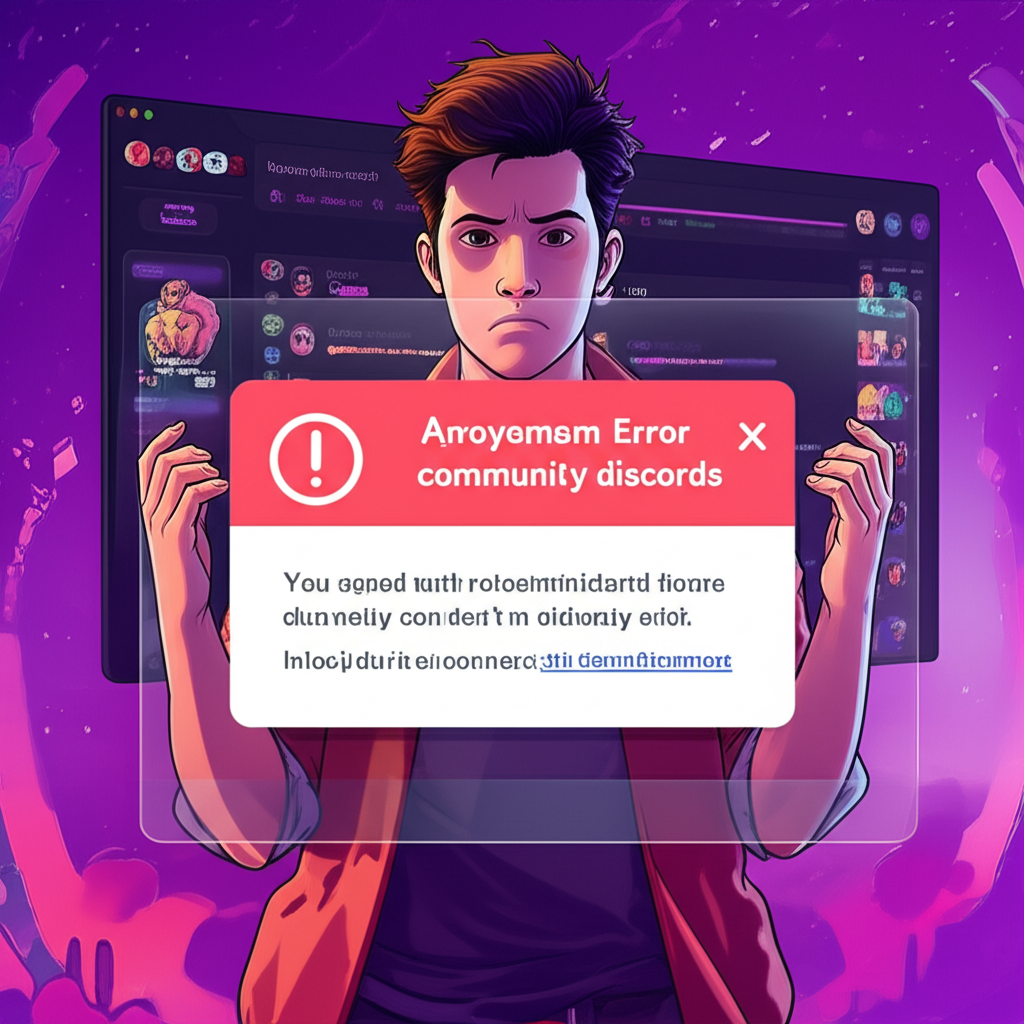 一位用戶沮喪地盯著 Discord 錯誤訊息,無法進入充滿活力的社群討論