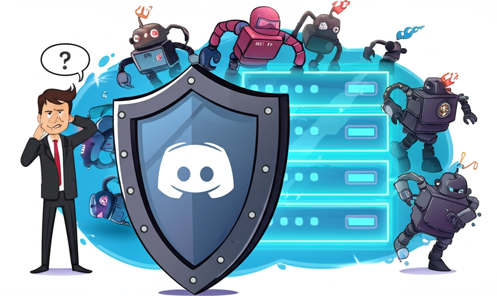 盾牌守護 Discord 伺服器,阻擋機器人、垃圾訊息和惡意用戶,一位困惑的用戶被擋在門外