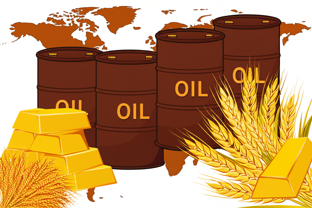 ภาพประกอบของวัตถุดิบต่างๆ เช่น ถังน้ำมัน ก้อนทองคำ และพืชผลที่เป็นตัวแทนของสินค้าโภคภัณฑ์ในบริบทเศรษฐกิจโลก