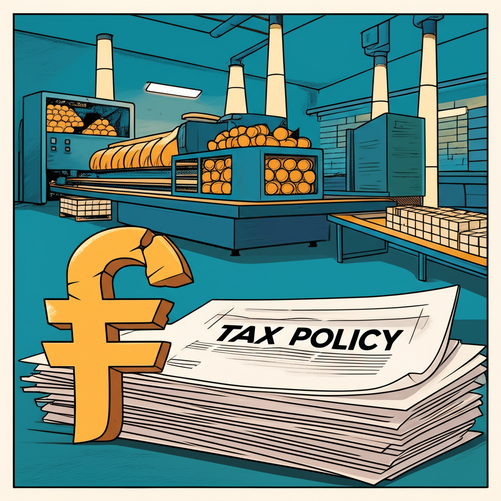 ภาพโรงงานผลิตสินค้ากับสัญลักษณ์ค่าเงินอ่อนและเอกสารนโยบายภาษี