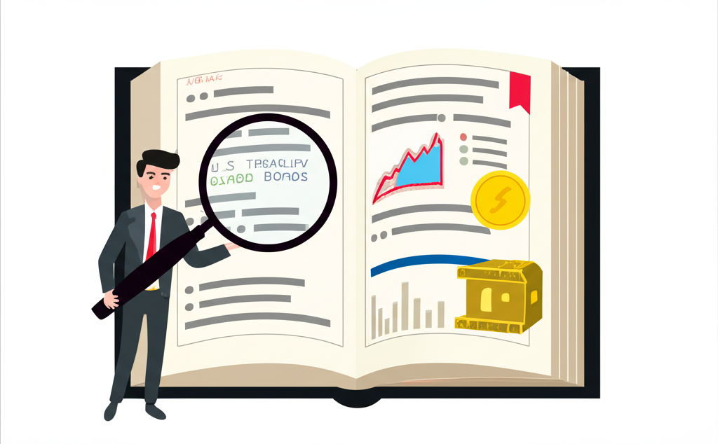美債投資指南書籍插圖，放大鏡檢視細節，台灣與香港投資者自信持有穩定資產