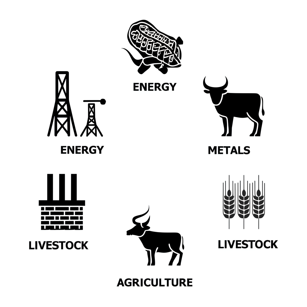 ภาพประกอบแสดงประเภทต่างๆ ของสินค้าโภคภัณฑ์ เช่น พลังงาน โลหะ เกษตรกรรม และปศุสัตว์ ด้วยไอคอนที่แตกต่าง