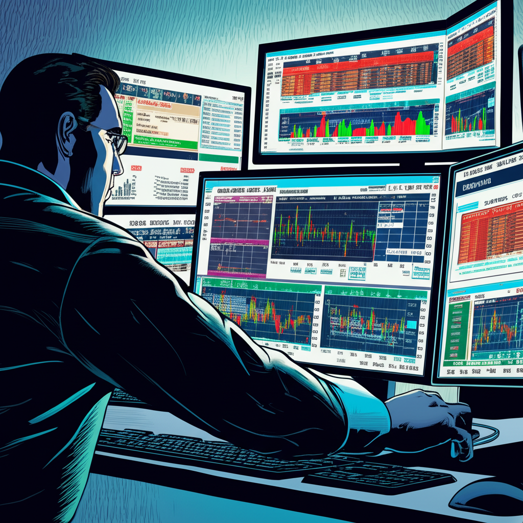 投資者查看多螢幕即時報價與新聞的圖示,包含平台標誌