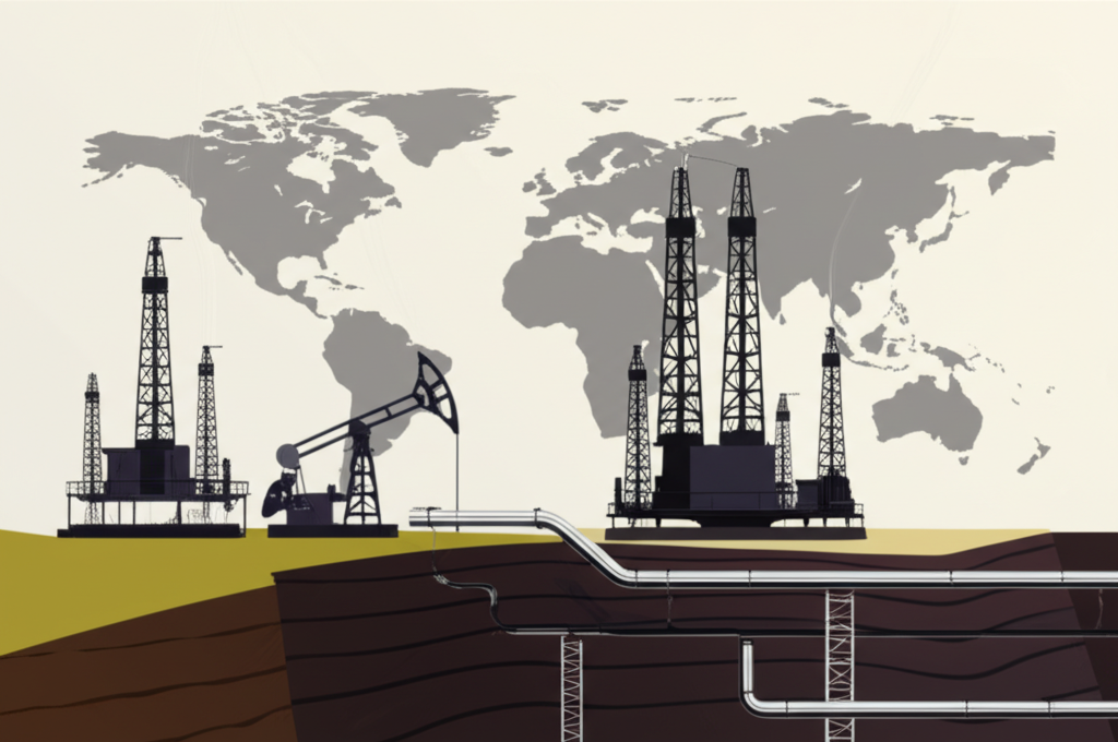 ภาพประกอบของสินค้าโภคภัณฑ์พลังงาน รวมถึงแท่นขุดเจาะน้ำมัน ท่อก๊าซธรรมชาติ และเหมืองถ่านหิน บนพื้นหลังแผนที่โลก