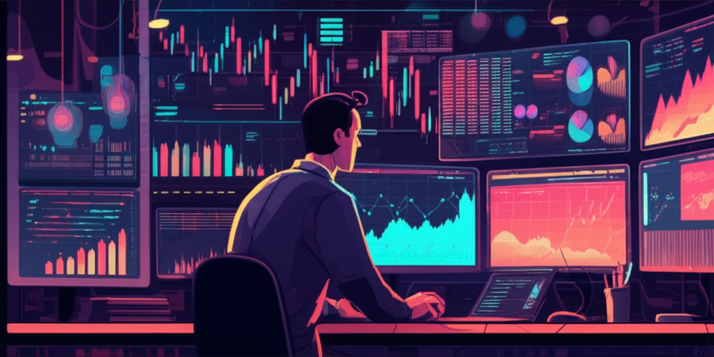 ภาพประกอบบุคคลกำลังเทรดสินทรัพย์ทางการเงินในตลาดที่คึกคัก พร้อมกราฟและแผนภูมิแสดงศักยภาพกำไรสูง