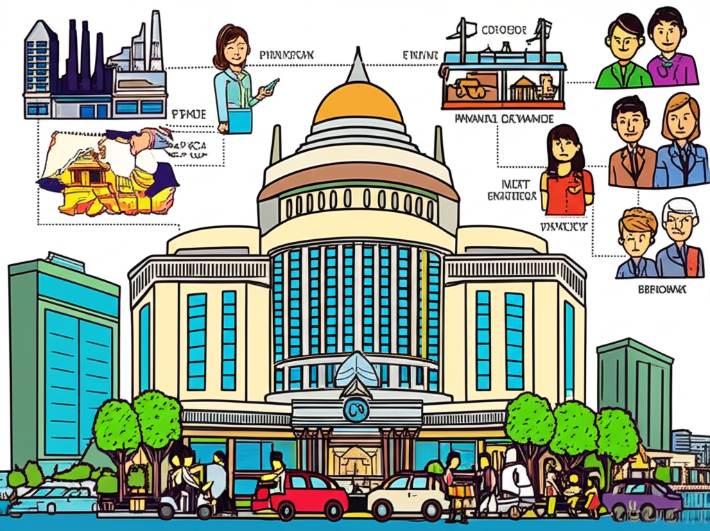 ภาพประกอบระบบนิเวศทางการเงินที่คึกคัก อาคารตลาดหลักทรัพย์เป็นศูนย์กลางเชื่อมโยงธุรกิจและนักลงทุน แทนหัวใจเศรษฐกิจไทย