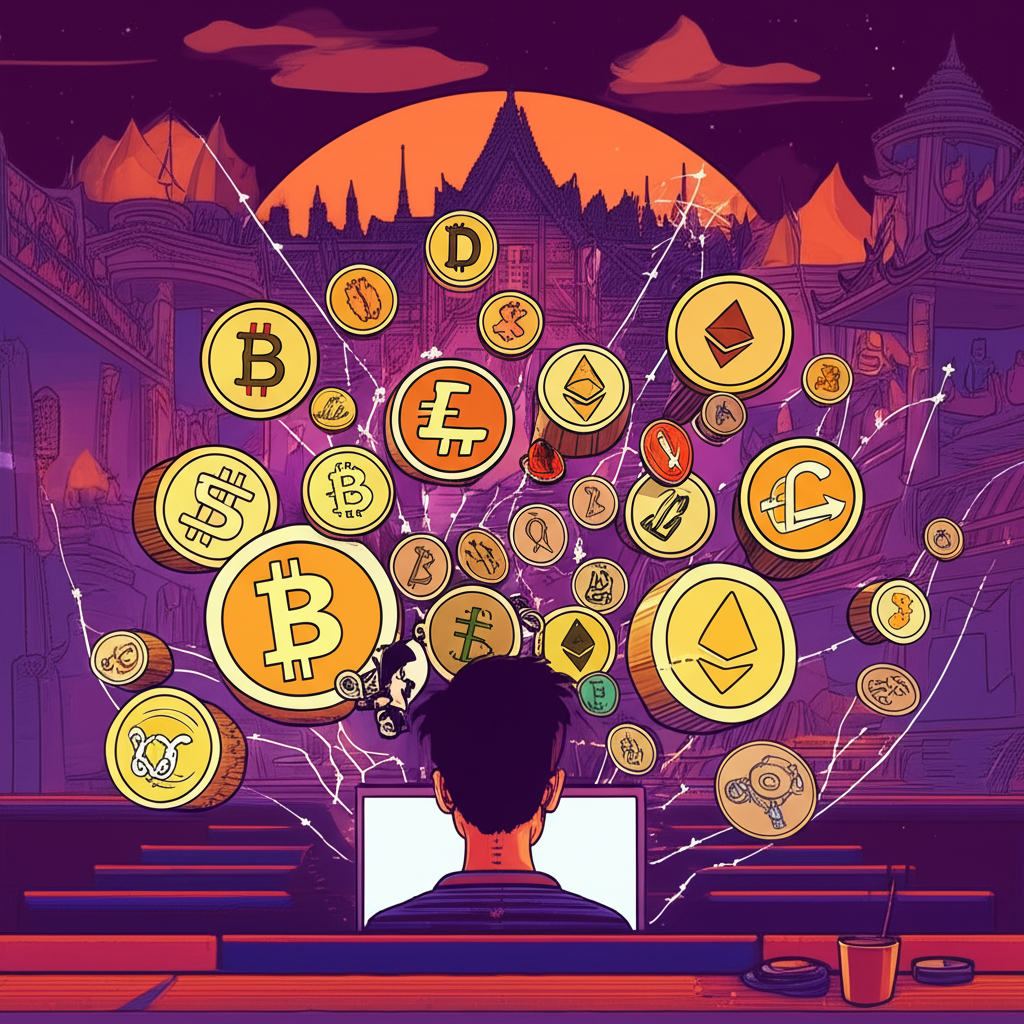 ภาพประกอบนักลงทุนไทยกำลังค้นคว้าข้อมูลบนแล็ปท็อป ท่ามกลางสัญลักษณ์คริปโตและข้อมูลล้นหลาม