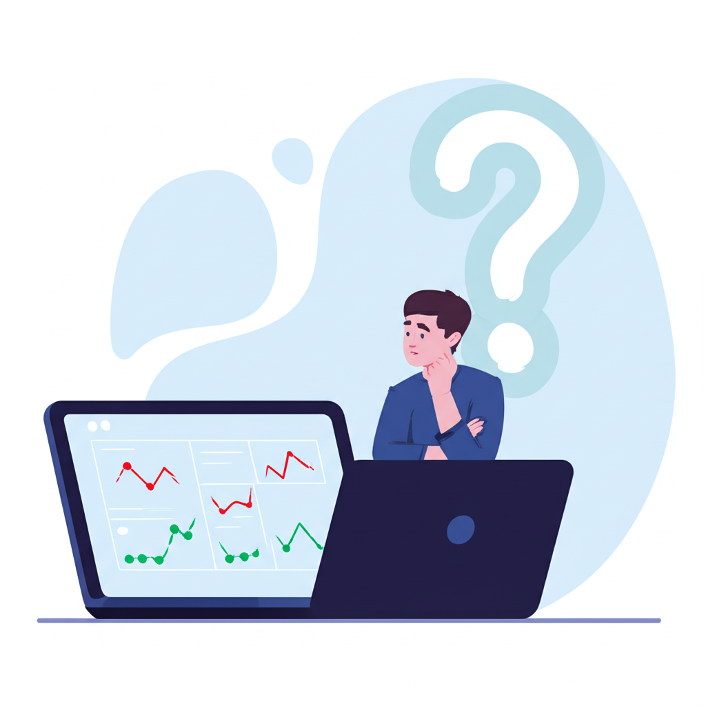 Young investor analyzing stock charts with a question mark