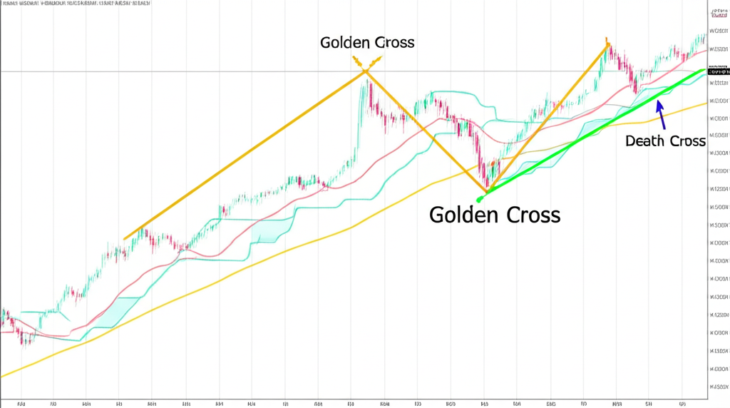 Financial market technical analysis showing specific crossover lines like golden cross and death cross for trend prediction illustration