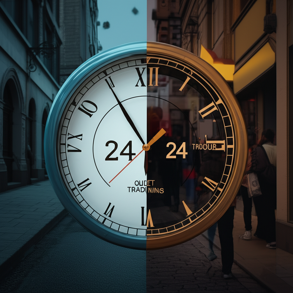 比較24小時交易與常規市場時段的圖示,顯示流動性差異如寧靜街道對比繁忙市場