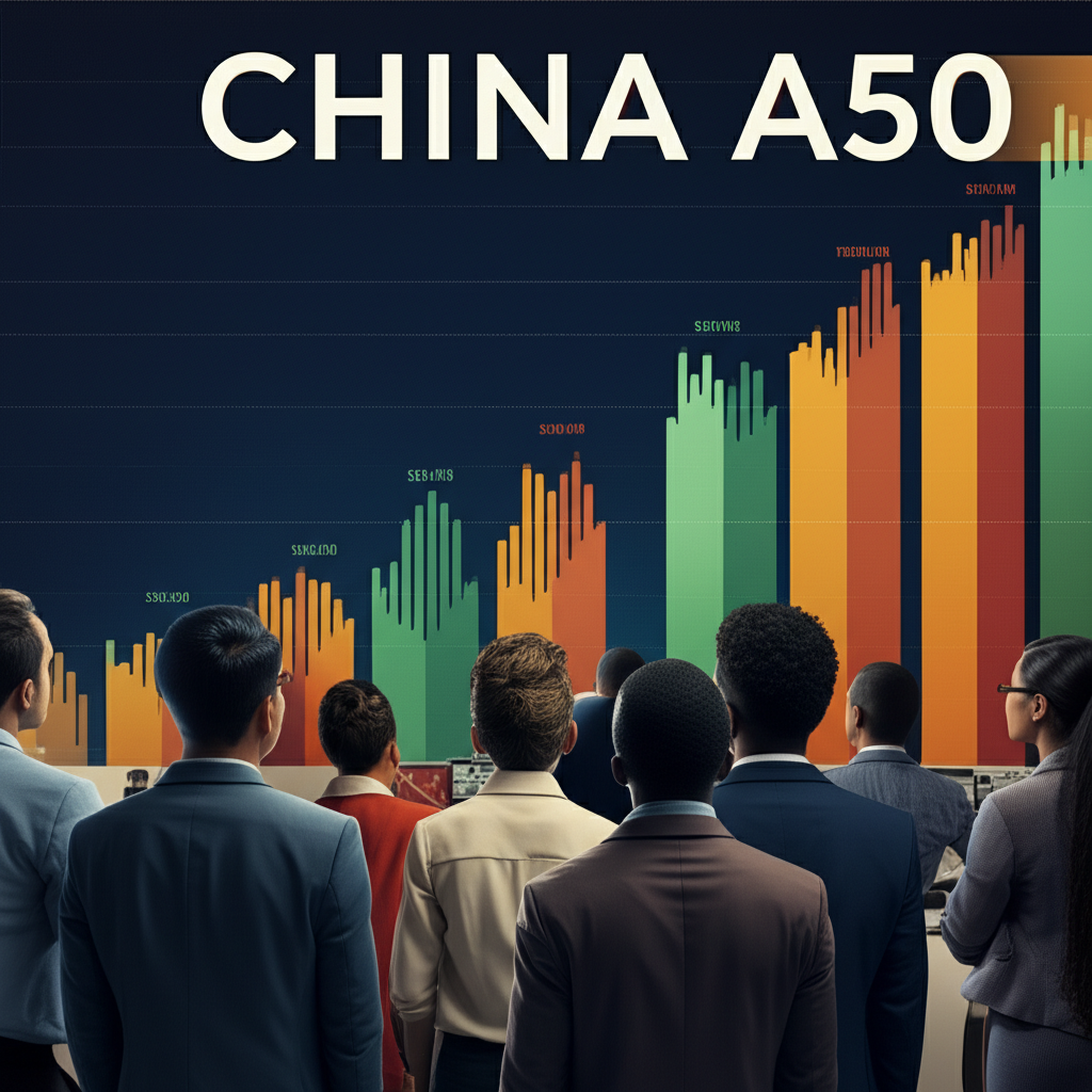 Illustration of diverse investors worldwide examining a vibrant Chinese stock market chart highlighting the China A50 index