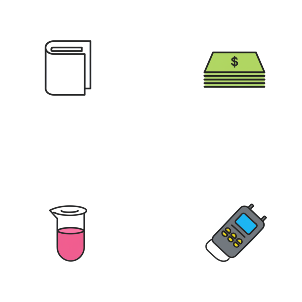 Illustration of diverse icons representing various meanings of Vol including a book, stack of money, beaker, and gas detector
