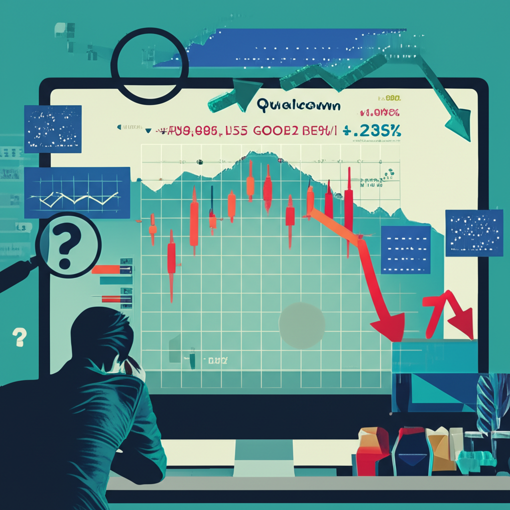 企業財報情境藝術作品，描繪高通等公司業績佳卻股價下滑的謹慎氛圍