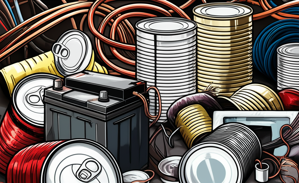 ภาพประกอบกระป๋องอลูมิเนียม สายไฟทองแดง หลังคาสังกะสี แบตเตอรี่ตะกั่ว และกระป๋องดีบุกในฉากอุตสาหกรรม